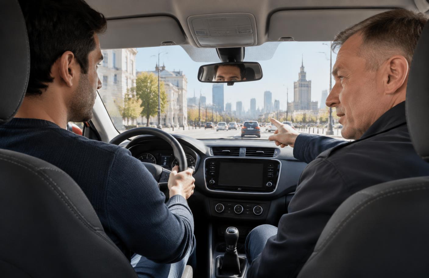 English-speaking driving instructor guiding a student in central Warsaw